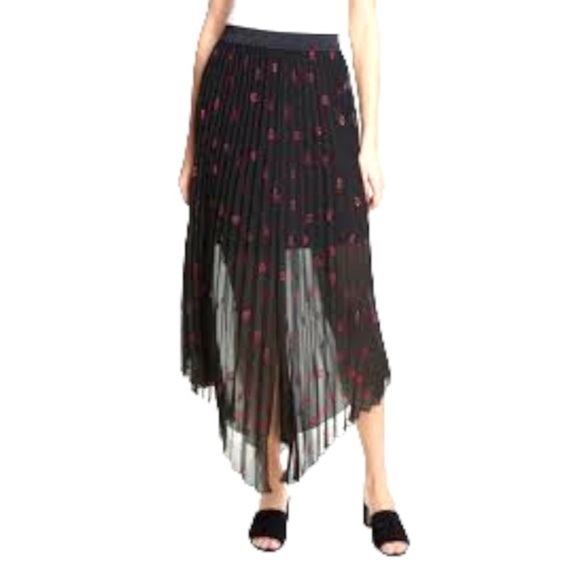 Maje Dresses & Skirts - Maje Designer Embroidered Skirt Black Jengo Red and Pink Heart Midi New Size XL